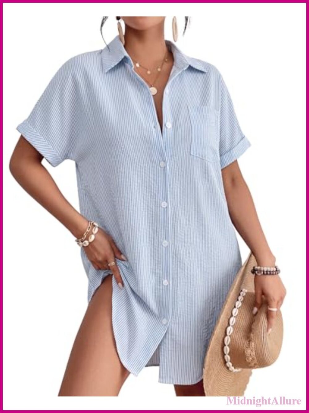 Women's Striped Button Down Swimsuit Cover Up Shirt Dress Beach Vacation Outfit